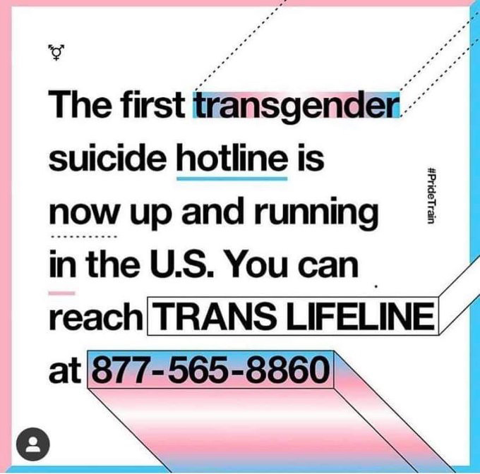 Phone number for the transgender suicide hotline: 877-565-8860